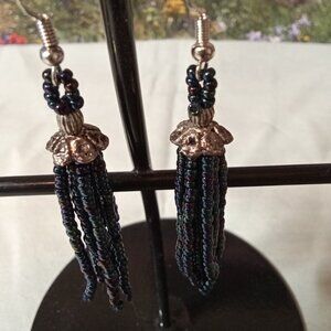 Hand Crafted  Mid-Night Blue n Silver Beaded Earrings